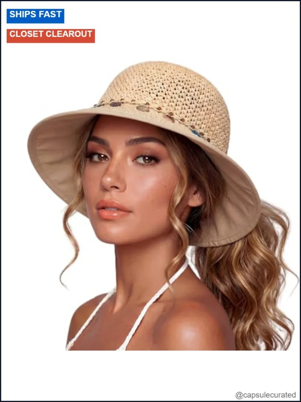 Womens Sun Hat UPF50+ Wide Brim Handwoven Straw Ponytail Cooling Travel
